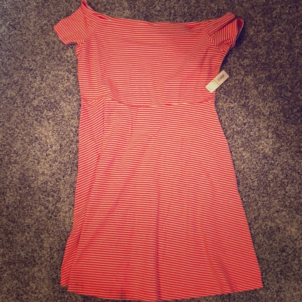 Red and white striped of the shoulder dress